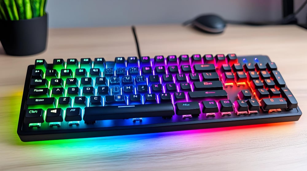 Un clavier PC gaming rétroéclairé avec des lumières RGB colorées.